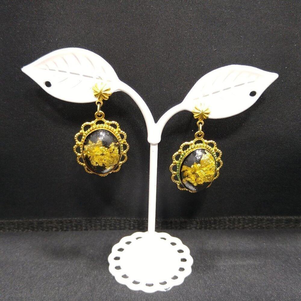 Vintage Gold Foil Lucite Post Earrings, Filigree Frames, Clear Lucite, 1 1/2 In